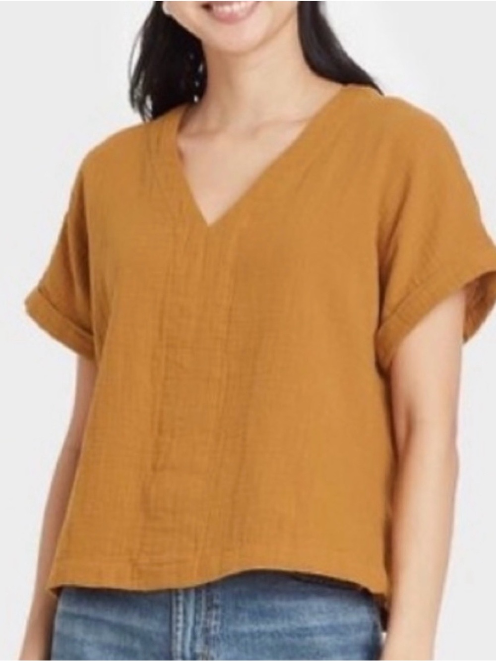 Universal Thread Women's V-Neck Rolled Short Sleeve Boxy Top in Mustard